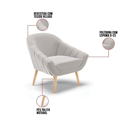 Kit 01 Namoradeira E 02 Poltronas Veludo Cinza Natural