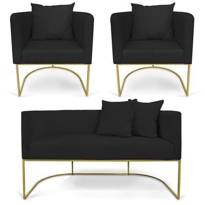 Kit 01 Namoradeira 02 Lugares E 02 Poltronas Paola Linho A79 Preto Base Metálica Dourado