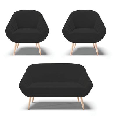 Kit 01 Namoradeira E 02 Poltronas Veludo Preto Natural