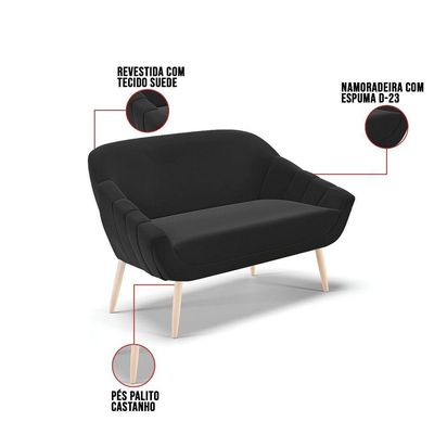 Kit 01 Namoradeira E 02 Poltronas Suede Preto Natural