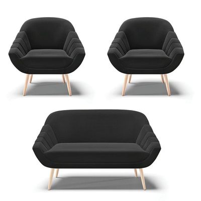 Kit 01 Namoradeira E 02 Poltronas Suede Preto Natural
