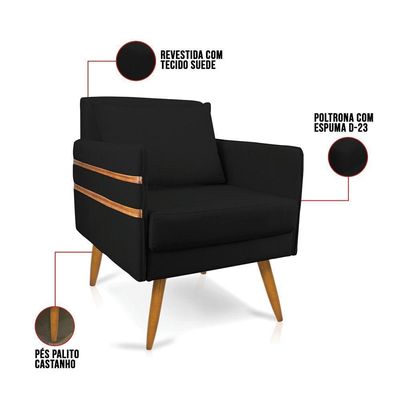 Poltrona Mari Suede Preto Pés Palito Castanho - D'rossi