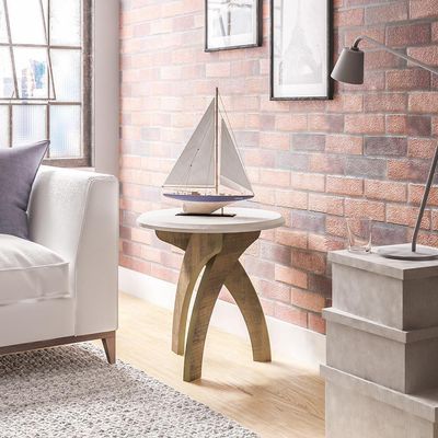 Mesa De Apoio Jade Off White Com Pinho E Tampo Redondo
