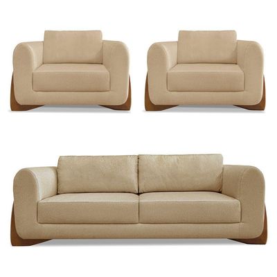 Kit 2 Poltronas E Sofá 2 Lugares Linho Pés Castanho Dourado