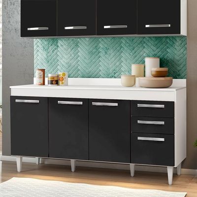 Balcão Gabinete 150Cm 4 Portas C/ Tampo Lis L03 Branco/Preto