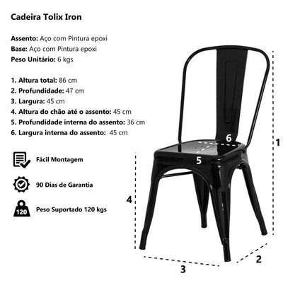 Kit 4 Cadeiras Tolix Iron Preta Aço Industrial Bar