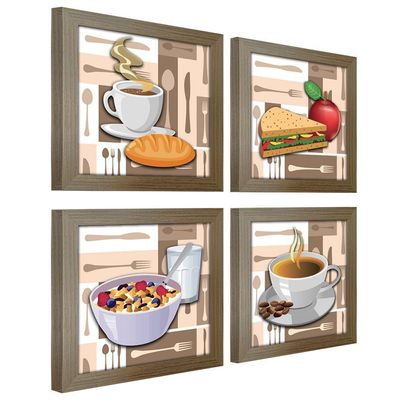 Quadro Cozinha Café Padaria Copa 20X20Cm Kit 4 Un Madeira
