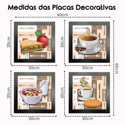 Quadro Cozinha Café Padaria Copa 20X20Cm Kit 4 Un Preta