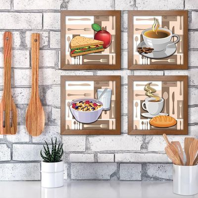 Quadro Cozinha Café Padaria Copa 20X20Cm Kit 4 Un Ocre