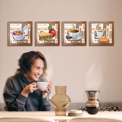 Quadro Cozinha Café Padaria Copa 20X20Cm Kit 4 Un Ocre