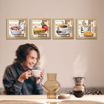 Quadro Café Padaria Copa 20X20Cm Kit 4 Un Marfim Listrado