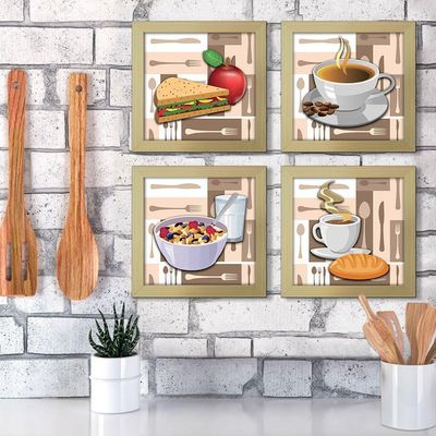 Quadro Café Padaria Copa 20X20Cm Kit 4 Un Marfim Listrado