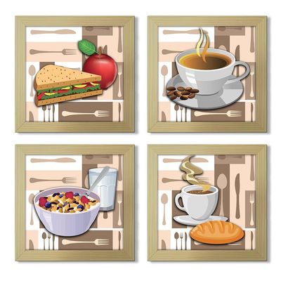 Quadro Café Padaria Copa 20X20Cm Kit 4 Un Marfim Listrado