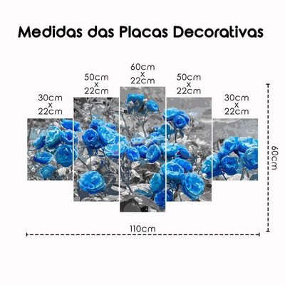 Kit 5 Placa Quadro Quarto Sala Flores Vermelha Rosas Azuis
