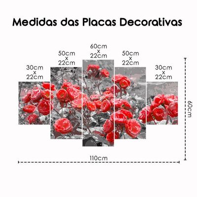 Kit 5 Placa Quadro Quarto Sala Flores Vermelha Rosas