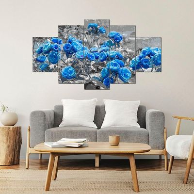 Kit 5 Placa Quadro Quarto Sala Flores Vermelha Rosas Azuis