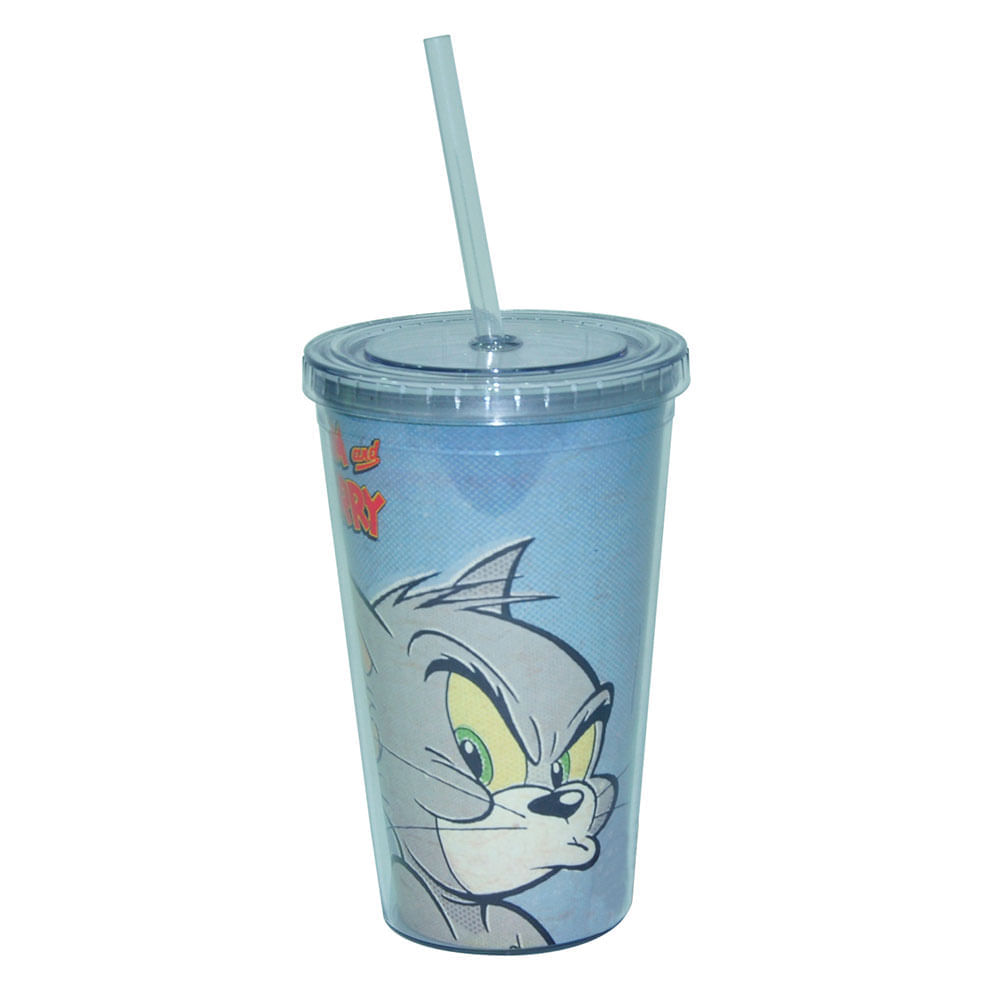 COPO PLÁSTICO COM TAMPA E CANUDO HB TOM AND JERRY MAD FACE