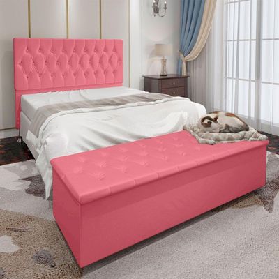 Kit Cabeceira e Calçadeira Baú Casal 1,40m Suede Rosa
