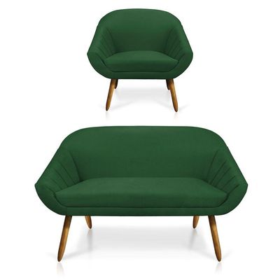 Kit 01 Namoradeira 02 Lugares e 01 Poltrona Giovana Suede Verde Castanho