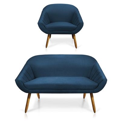 Kit 01 Namoradeira 02 Lugares e 01 Poltrona Giovana Suede Azul Marinho Castanho