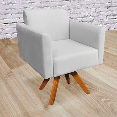 Poltrona Giratória Marisa Suede Cinza Base Madeira