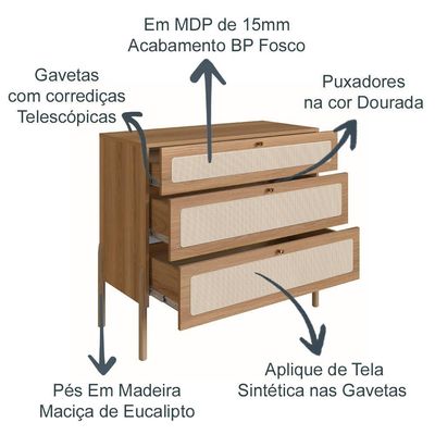 Comoda 3Gv Corrediça Telescopicas Palhinha Hanover Artesano
