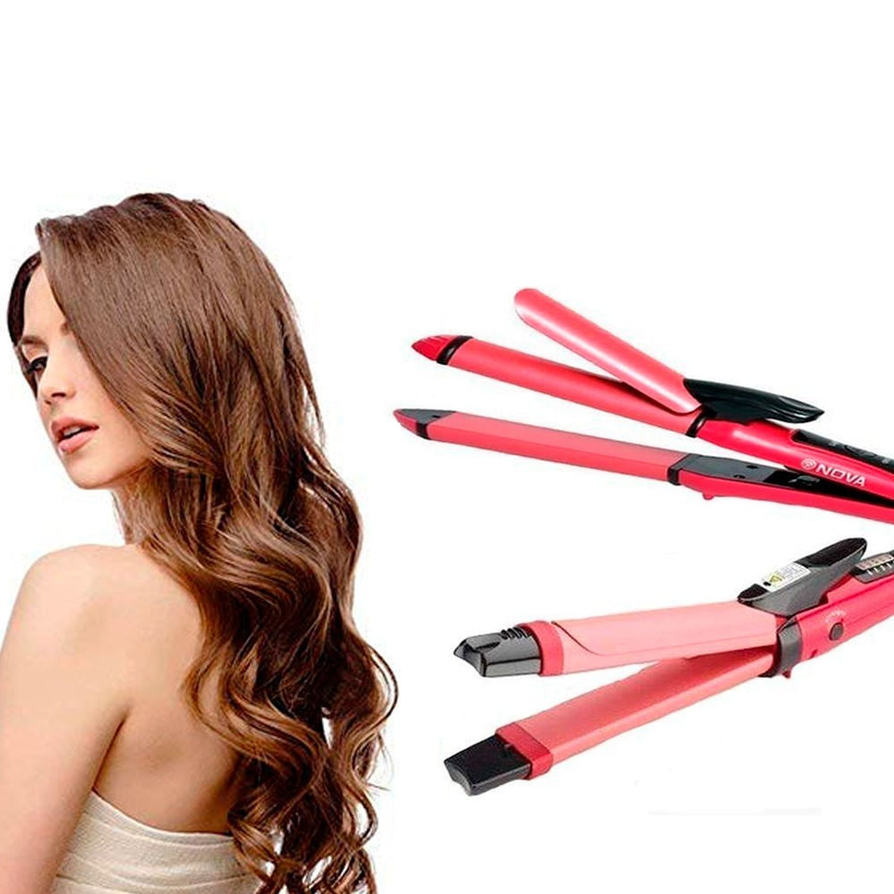 Prancha Chapa 2 em 1 Alisa Modela Faz Cachos Ondula Rosa