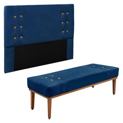 Kit Cabeceira Recamier Queen 1,60M Suede Azul Marinho
