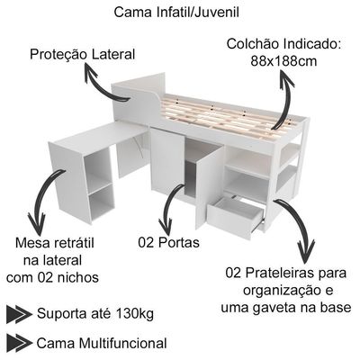 Cama Infantil Multifuncio C/Escrivaninha Branco Tecno Mobili