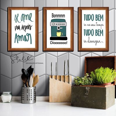 Quadros Placas mdf 6mm frases cozinha café 3 un 29x20