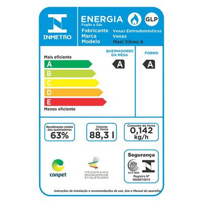 FOGAO A GAS MAXI VITREO 6 Q PRETO FOSCO GAS GLP