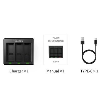 Carregador Triplo Telesin Para Câmera Gopro 9, 10 E 11 Black