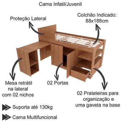 Cama Infantil Multifuncional C/Escrivan Amendoa Tecno Mobili