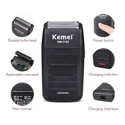 Barbeador Elétrico Sem Fio Kemei 2 Lâminas Km-1102 Premium Bivolt