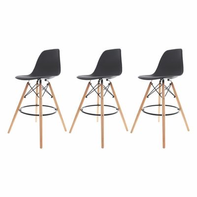 3 Banquetas Com Encosto Alto Base Madeira Wood Preto