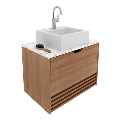 Gabinete Banheiro 60Cm Amêndoa/Mármore Branco