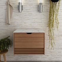 Gabinete Banheiro 60Cm Amêndoa/Mármore Branco
