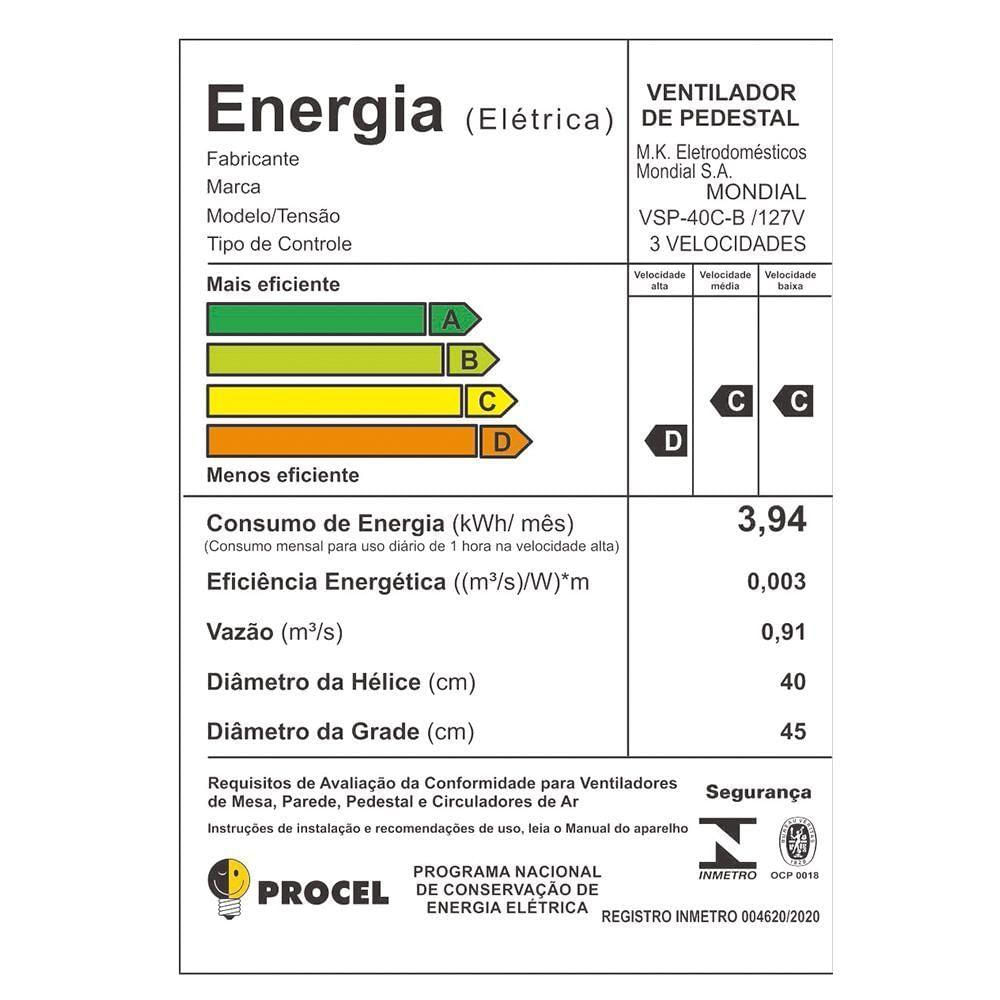 Ventilador Mondial 40Cm c/6Pás Ajuste De Altura Preto
