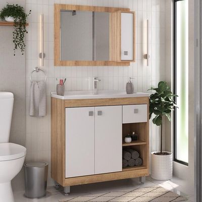 Gabinete Banheiro Com Cuba E Espelheira Branco/legno Crema