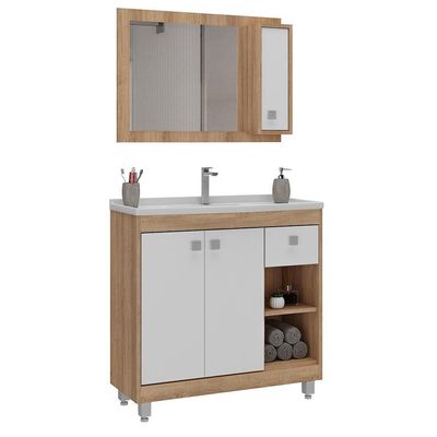 Gabinete Banheiro Com Cuba E Espelheira Branco/legno Crema