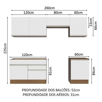 Armário De Cozinha 260Cm Glamy 05 Rustic/Branco