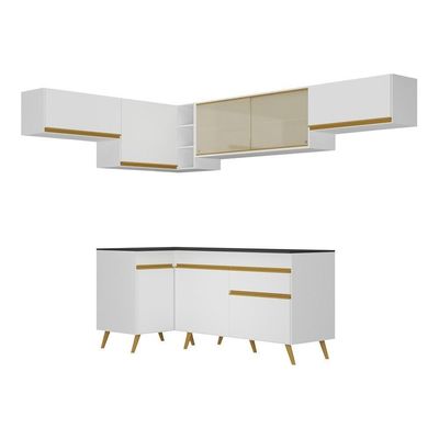 Armário De Cozinha Completa De Canto V260 Branco Dourado