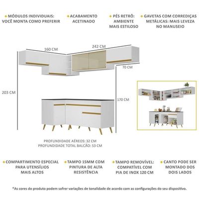 Armário De Cozinha Completa De Canto V260 Branco Dourado