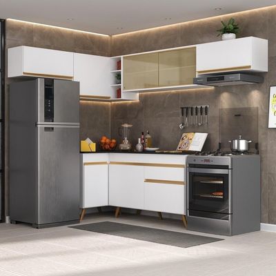 Armário De Cozinha Completa De Canto V260 Branco Dourado