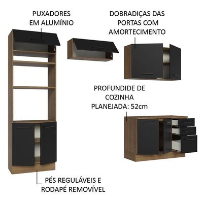 Armário De Cozinha Completa 270cm Rustic/preto Agata Madesa