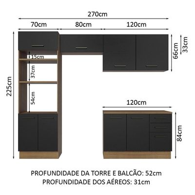 Armário De Cozinha Completa 270cm Rustic/preto Agata Madesa