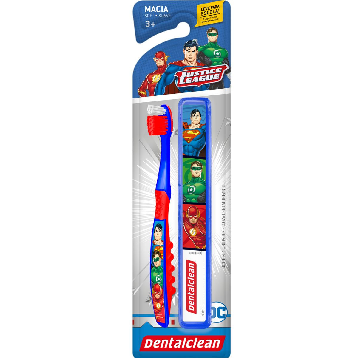 ESCOVA DE DENTE + ESTOJO HERÓIS LIGA DA JUSTIÇA -DENTALCLEAN