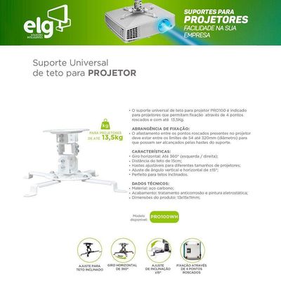 Suporte Para Projetor De Teto Modelo Pro100 Elg Branco