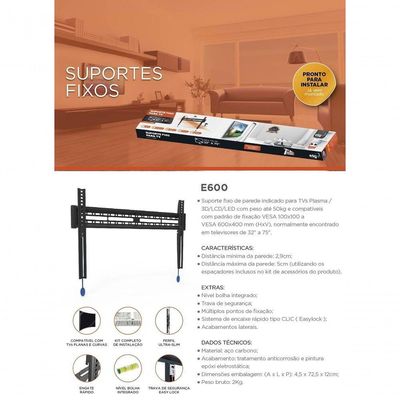 Suporte Para Tv De Parede Fixo Lcd Led Plasma De 32 A 75 E600 Elg