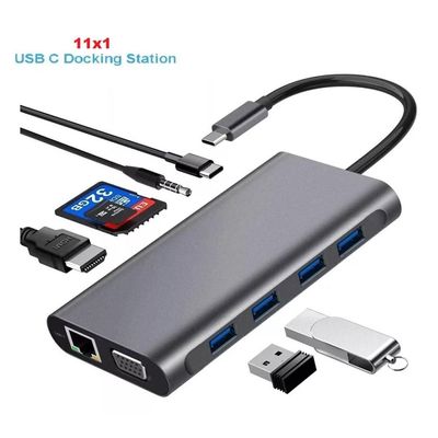 Hub Docking Station 11x1 Adaptador Type C x Lan, Hdmi, Vga, Sd, Usb 3.0, Pd e P2